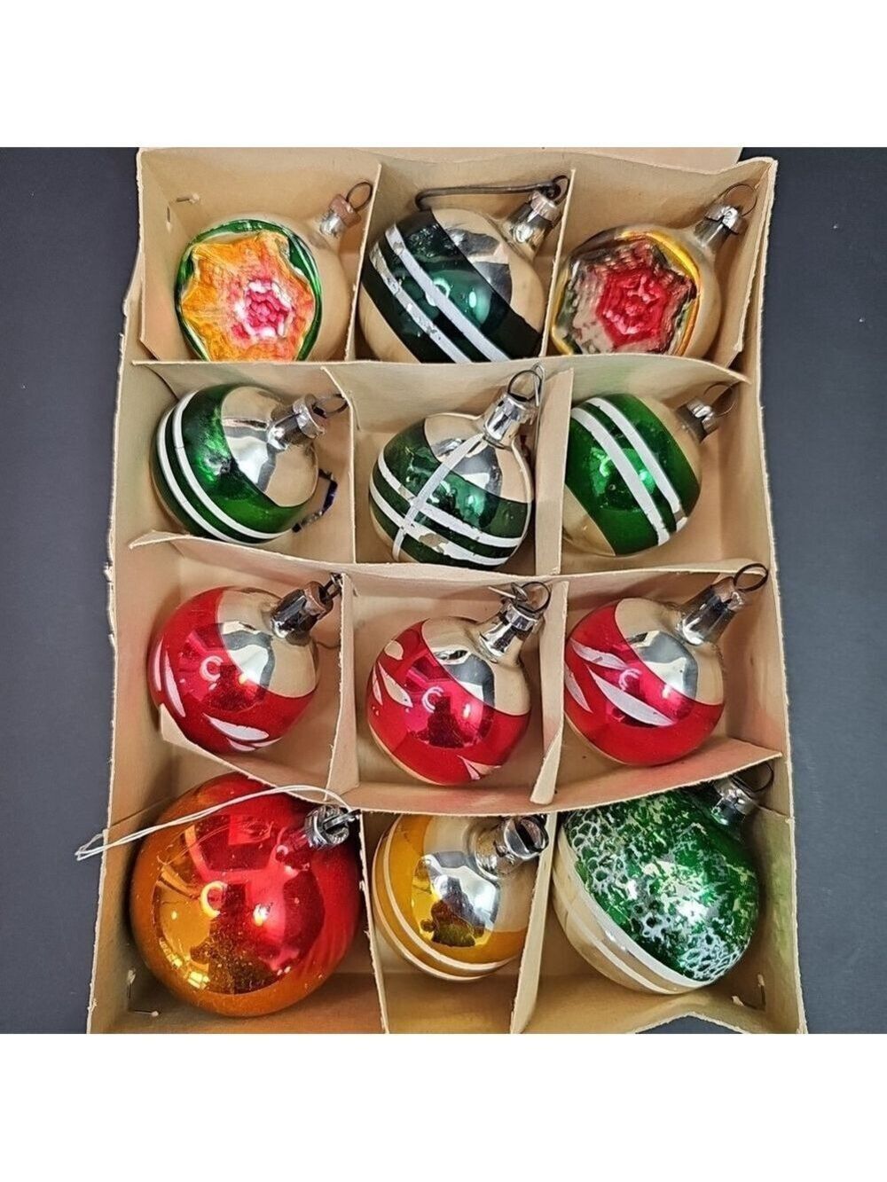 East Germany Christmas Ornament Baubles Indents And Rounds Rare With Box 12pcs